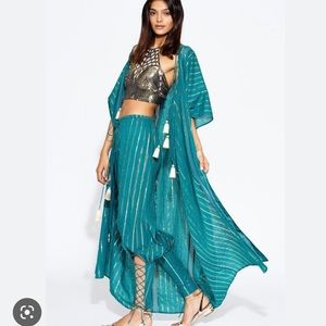 NWT Miguelina Harem Style Drop Crotch Pants w/Gold Stripes & Tassels - magenta